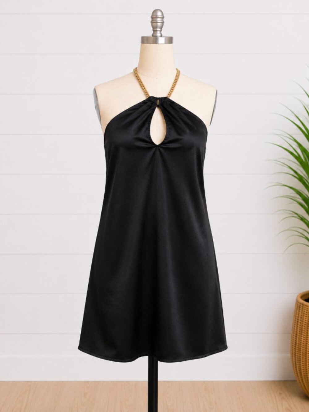 SPEECHLESS Women’s Black Satin Mini Dress Size S Gold Chain Halter